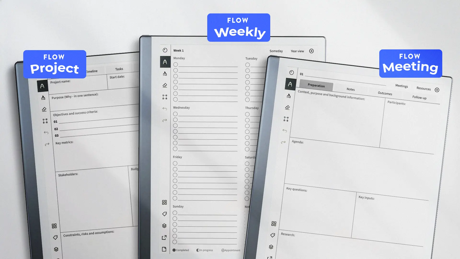 FLOW tools on reMarkable — weekly planner, meeting notes, project tracker